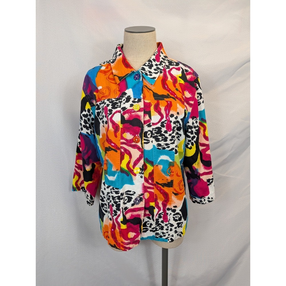 Choices Abstract Denim Jacket‎ XL Multi-Color Animal Print Sequin Art To Wear